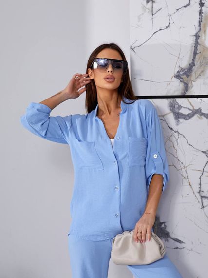 Женский легкий костюм рубашка и свободные брюки креп-жатка, UH378 размер 42, цвет голубой | Зображення 4