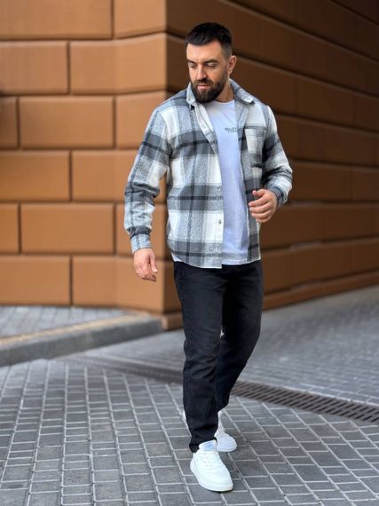 Тепла чоловіча байкова сорочка в клітку на ґудзиках розмір XXL колір сірий  Vi1048/1 | Зображення 1