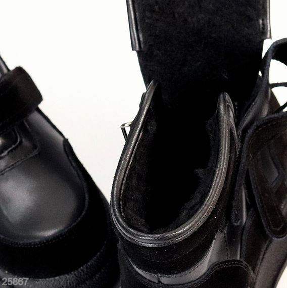 Чорні зимові черевики снікерси на липучках натуральна шкіра + замша | Зображення 1