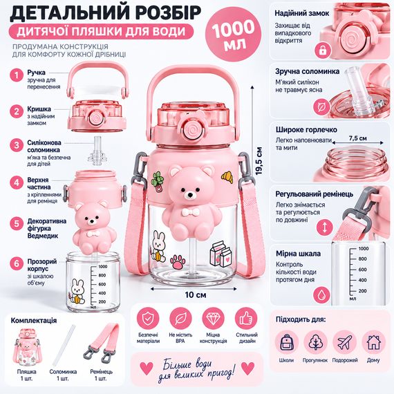 Детская бутылка для воды «Милый Медвежонок» 1000 мл розовая с ремешком, соломинкой и трубочкой | Зображення 1