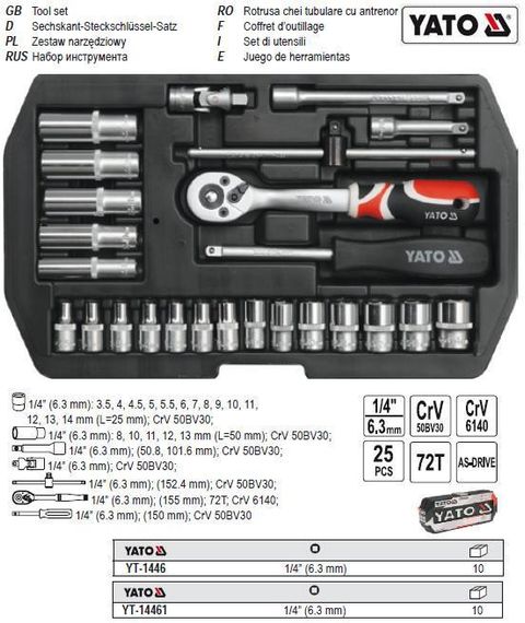 Набор набир головок торцевих YATO 1/4" М=3.5-14 25 штук YT-14461