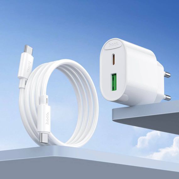 Мережевий зарядний пристрій Hoco C109A USB + Type-C та кабель Type-C to Type-C 20W | Зображення 6