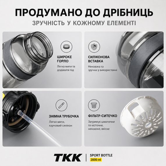Спортивная бутылка TKK 2000 мл, Tritan (BPA-free), серая. Ударопрочная бутылка с трубочкой и ремешком для фитнеса и тренировок | Зображення 5