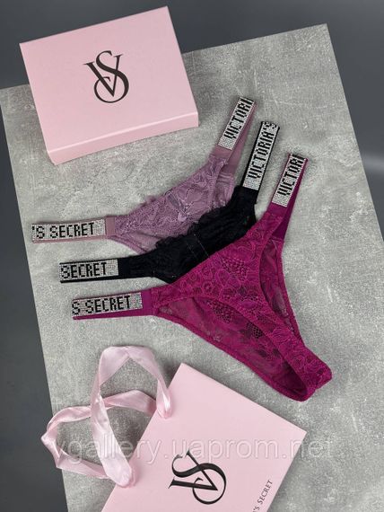 Комплект кружевных женских стрингов со стразами Victoria's Secret - 3 шт на выбор, трусики-стринги Виктория Сикрет L-кружевные | Зображення 1