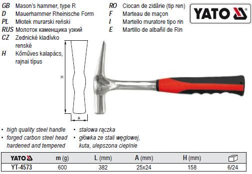 Молоток маляра муляра кований m=600 г l=382 YATO YT-4573