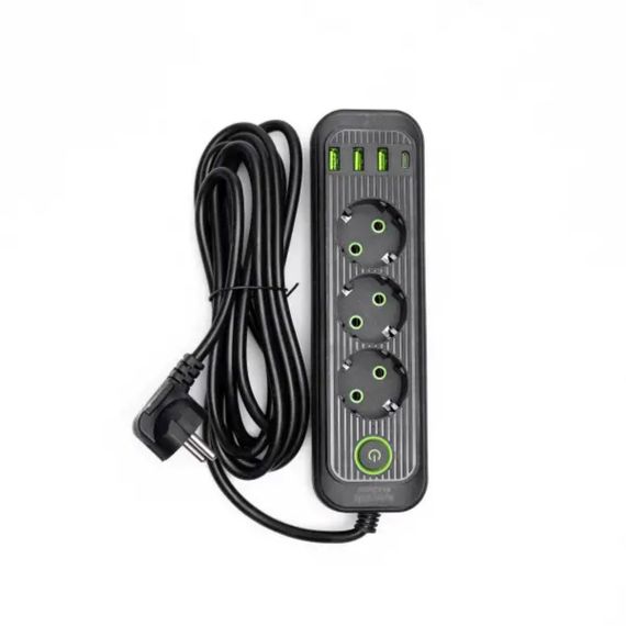 Мережевий фільтр чорний з вимикачем 3 розетки 3хUSB-A 1xUSB-C 3м HP-5-34 | Зображення 1