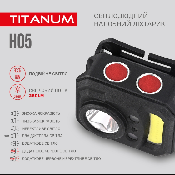 Ліхтарик LED налобний 250Lm 6500К чорний TLF-H05 Titanum | Зображення 2