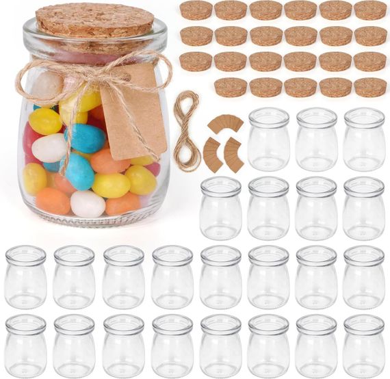 Баночки скляні з корком 100 мл, 23 шт, прозорі з етикетками та мотузкою, для солодощів, меду, йогурту свічок спецій банки маленькі