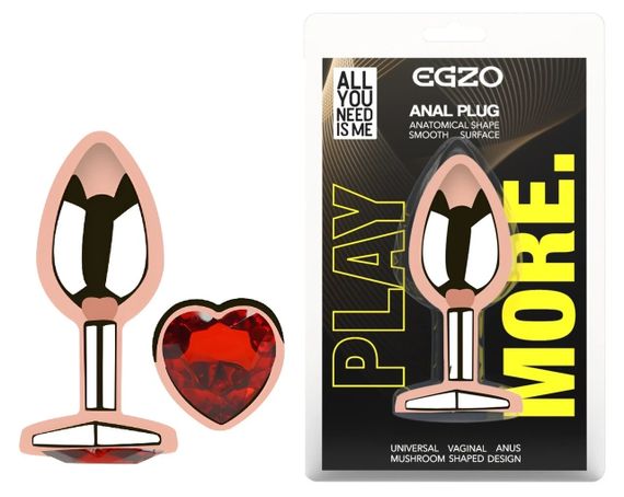 Анальная пробка EGZO Rose Gold Heart Plug S с красным сердцем, нержавеющая сталь Sex Aura