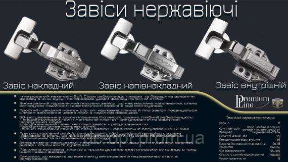 Завіс PL накладний з 3D регулюванням планки Clip On нержавіюча сталь | Зображення 3