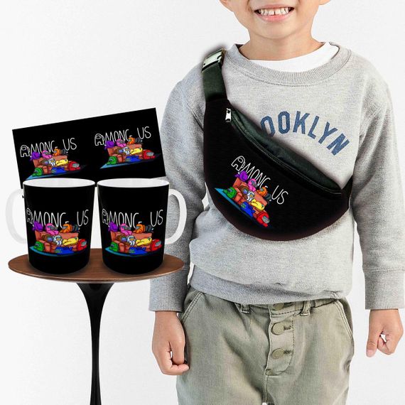 Набор: детская сумка-бананка+кружка Амонг Ас "Among Us" 32х15см,бананка для мальчика через плечо (00887)