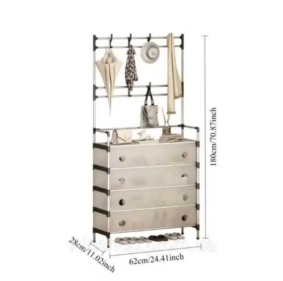 NEW Залізна вішалка для одягу + підставка для взуття, 2 в одному, 4 полиці Бежева | Зображення 4