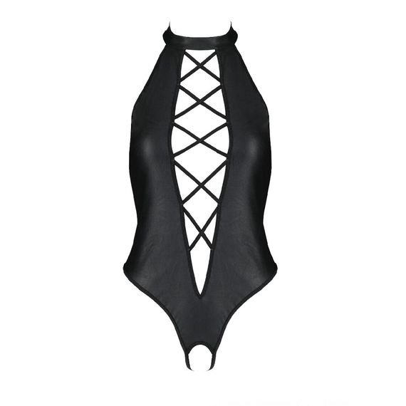 Боді з екошкіри Passion NANCY BODY 6XL/7XL black, з імітацією шнурівки та відкритим доступом | Зображення 2