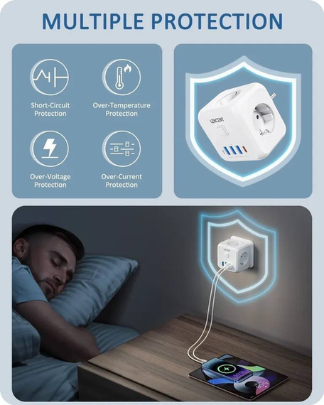 Мережевий Фільтр Трійник 7в1 LENCENT із швидкою зарядкою 3 розетки/3 USB/1TYPE-C | Зображення 4