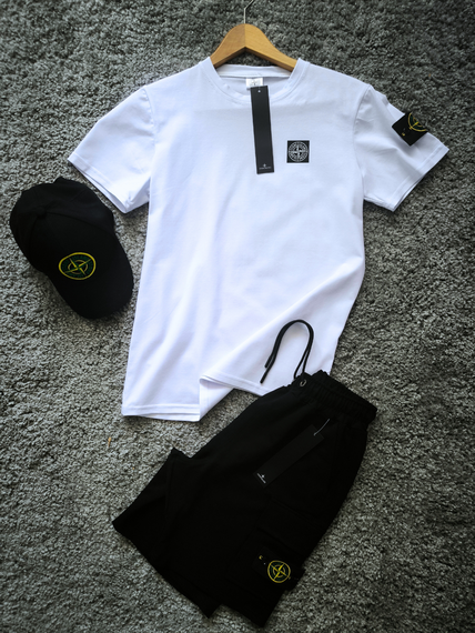 Чоловічий комплект Stone Island чорний/білий (футболка + шорти + бейсболка)