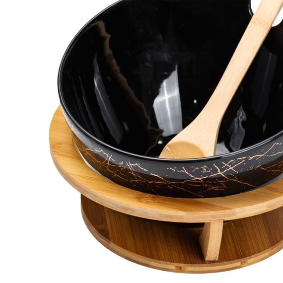 Салатница на бамбуковой подставке с ложкой Ø 25 см черная HP1245 | Зображення 2