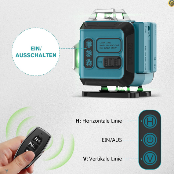 Рівень перехресний лазерний зеленого кольору 16 ліній, 4 x 360° лазерний рівень із функцією самовирівнювання | Зображення 4