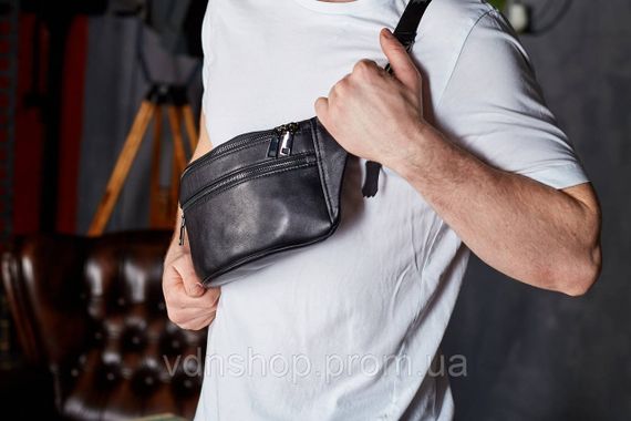 Стильна чоловіча бананка з натуральної гладкої шкіри 14х25х10, сумка нагрудна для телефону NM-50358 чорна | Зображення 8