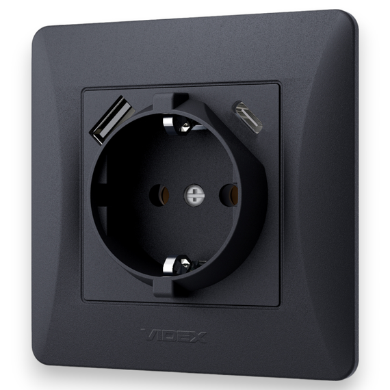 Одинарна розетка із заземленням з USB+USB-C чорний графіт VIDEX BINERA VF-BNSK1GUC-BG | Зображення 2