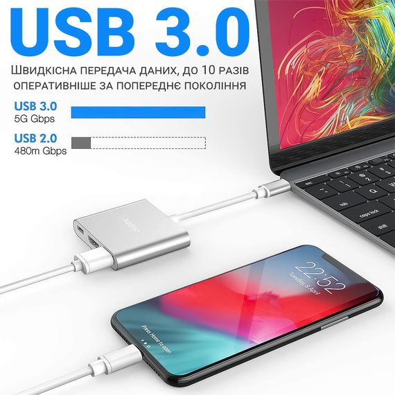 Мультифункциональный USB Type-C хаб Addap MH-06, разветвитель для ноутбука, macbook 3в1: USB 3,0+HDMI+Type-C | Зображення 5