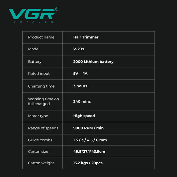 Триммер для стрижки VGR V-299 BLACK, 4 насадки, 9000RPM, 2000 mAh, 5 уровней скорости, LED дисплей | Зображення 2