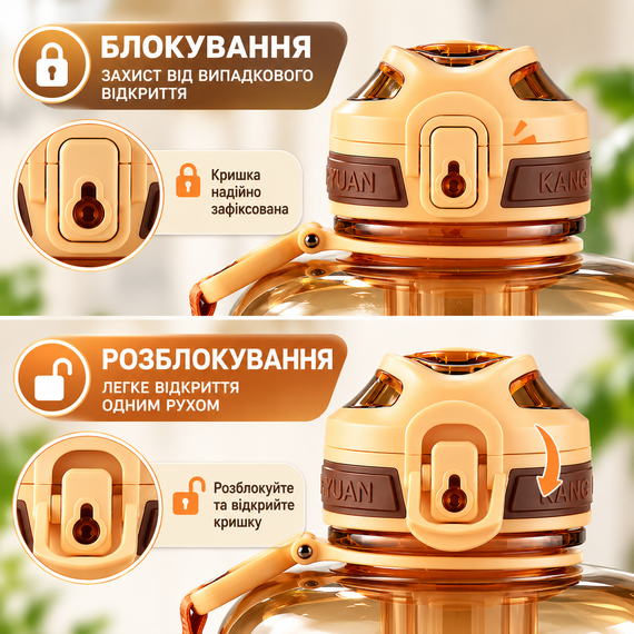Бутылка для воды KANGZYUAN 1500 мл оранжевая, спортивная, Tritan без BPA, ударопрочная, с ручкой и ремешком | Зображення 5