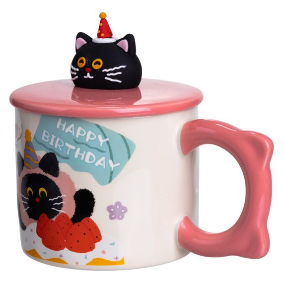 Кубок порцелянова з кришкою Kitten's Birthday 400 (мл) подарункова кружка прикольна чашка для дітей на подарунок Рожевий FM-24C | Зображення 1