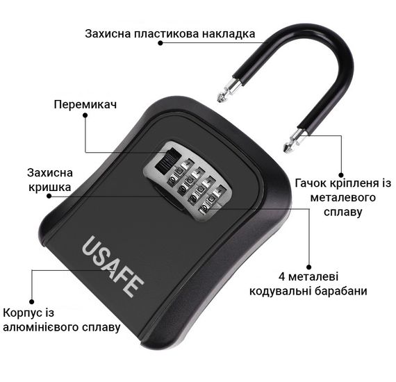 Підвісний металевий міні сейф для ключів uSafe KS-05, з гачком і паролем, Чорний | Зображення 5