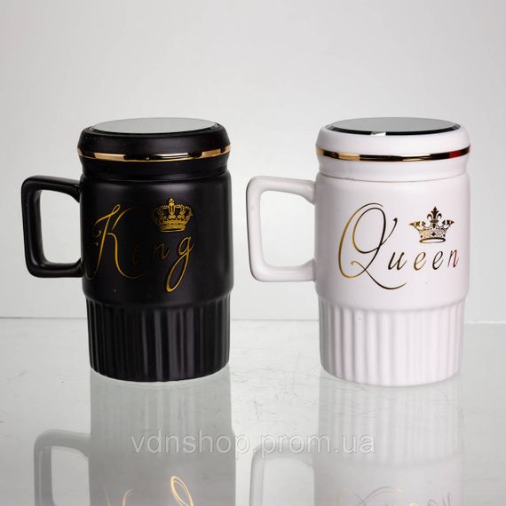 Набор парных фарфоровых чашек с крышкой 2 (шт) по 450  (мл) Черный с белым Yiwu FM-26