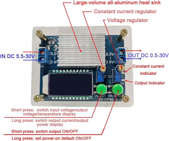 ZK-DP60 dc-dc понижающий / повышающий преобразователь CC|CV DC 5.5-30V до 0.5-30V Max 35W | Зображення 2