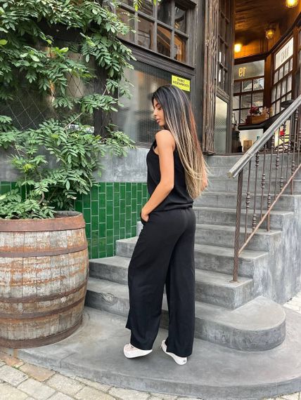 Женский летний брючный костюм с топом лен-жатка DK213 цвет черный, размер 46/48 | Зображення 3