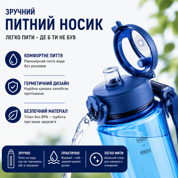 Бутылка для воды KANGZYUAN 700 мл Tritan спортивная, BPA Free, с герметичной крышкой, Голубая | Зображення 7