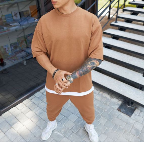 Мужской летний спортивный костюм в стиле оверсайз штаны + футболка FD201 цвет мокко, размер XL | Зображення 3