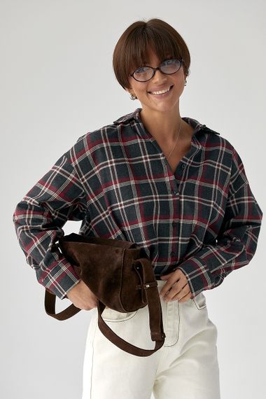 Жіноча сорочка в клітку з подовженою спинкою - темно-сірий цвет, S (є розміри)