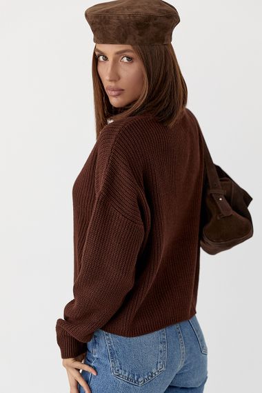 В'язаний светр із блискавкою на горловині - темно-коричневий цвет, ONE SIZE (є розміри) | Зображення 1