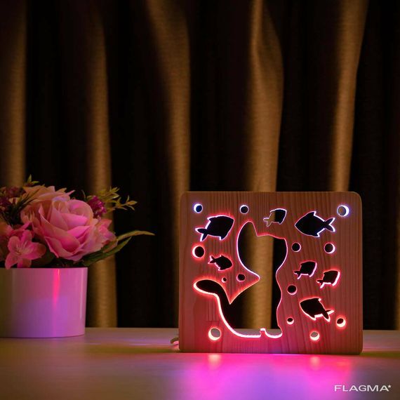 Светильник ночник ArtEco Light из дерева LED "Кот и рыбки" с пультом и регулировкой... | Зображення 5