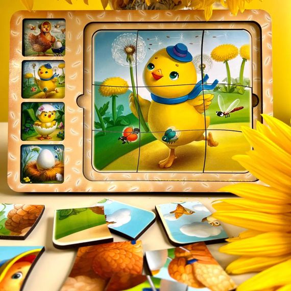Деревянная настольная игра "Этапы развития курочки" Ubumblebees (ПСФ018) PSF018 сортер-пазл | Зображення 4
