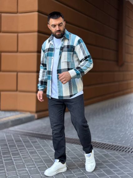 Теплая мужская байковая рубашка в клетку на пуговицах размер М цвет зеленый Vi1048 | Зображення 1