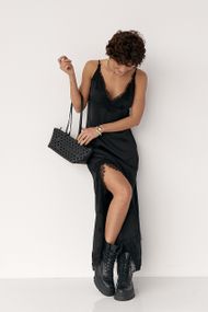 Атласна сукня на бретелях із мереживом - чорний цвет, ONE SIZE (є розміри)