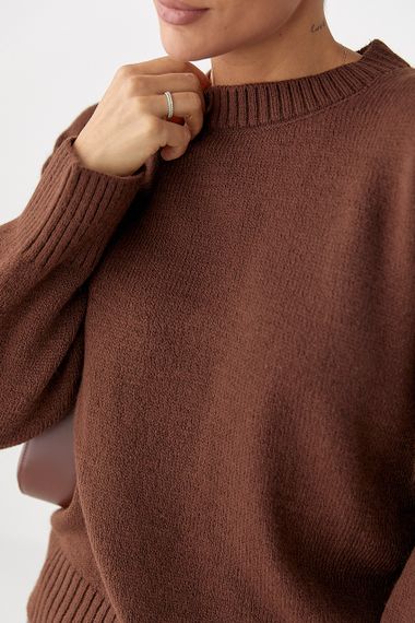 В'язана однотонна кофта вільного фасону - темно-коричневий цвет, L (є розміри) | Зображення 3