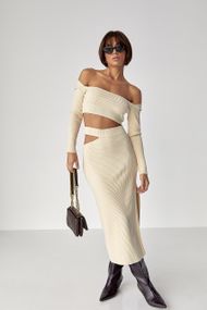 Костюм у рубчик із кроп-топом і спідницею - кремовий цвет, ONE SIZE (є розміри)