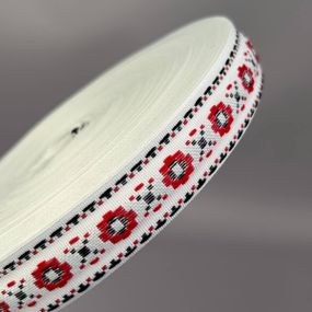Тесьма национальная жаккардовая 25 мм - белая с красным (12в18)
