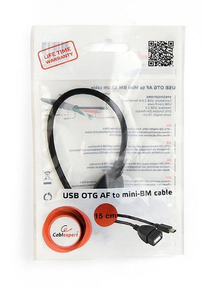 Кабель-адаптер USB OTG Cablexpert A-OTG-AFBM-002 для пристроїв, AF - Mini BM, 0.15 м. | Зображення 1