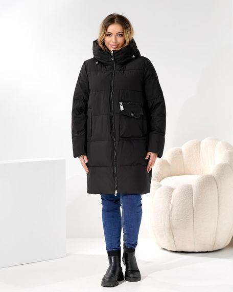 Чорна батальна куртка на зиму з накладною кишенею для телефону