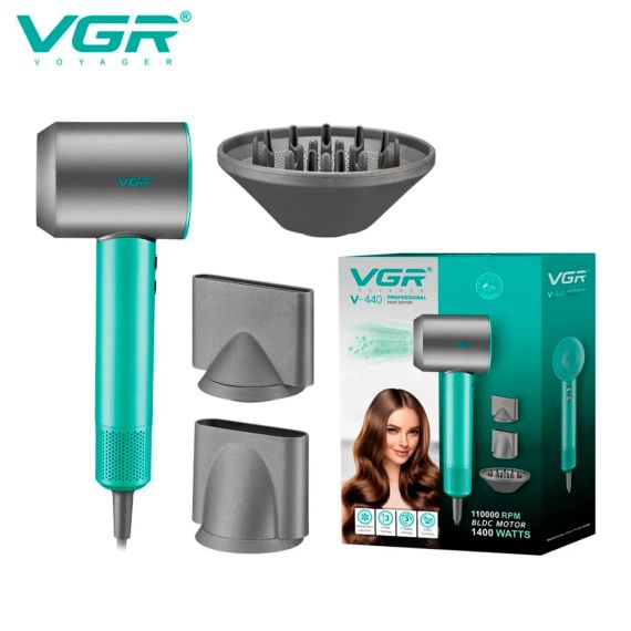Професійний фен VGR V-440 GREEN 1400 Вт, фен для сушіння та укладання волосся з 3 насадками, 3 рівнями обдуву та холодним повітрям | Зображення 3