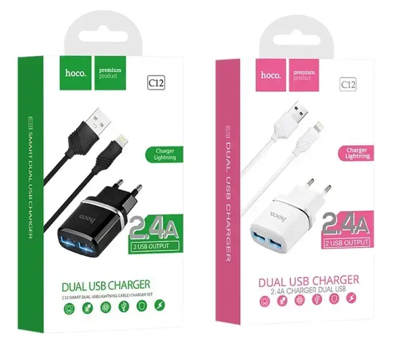СЗУ адаптер 220V HOCO C12 2USB Smart + кабель iPhone 2.4A