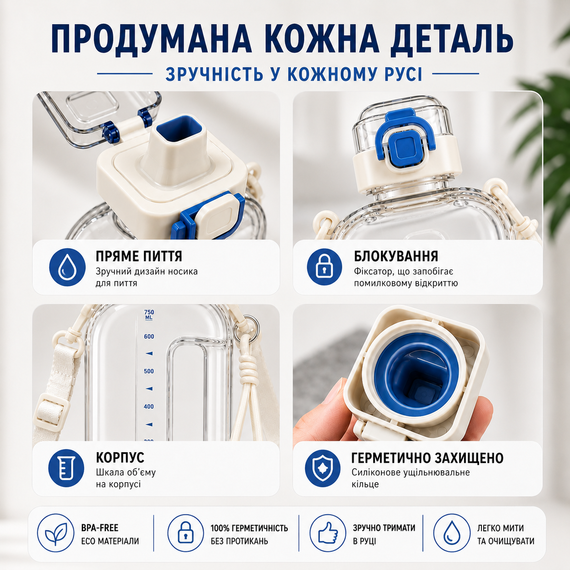 Эко-бутылка для воды 750 мл бежевая, BPA-free с ремешком и мерной шкалой | Зображення 4