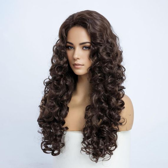 Перука жіноча довга кучерява термостійка 60 см каштанова, коричнева, синтетичне волосся для косплею, свят, Геловіну | Зображення 2