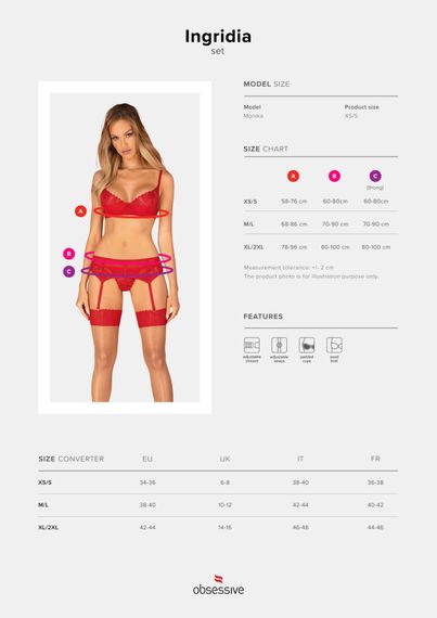 Комплект Obsessive Ingridia 3-pcs set XS/S, червоний, бюстгальтер, стрінги, пояс | Зображення 4