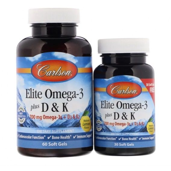 Омега 3 Carlson Labs Elite Omega-3 Plus D & K, 60+30 Soft Gels Natural Lemon Flavor CAR-17540